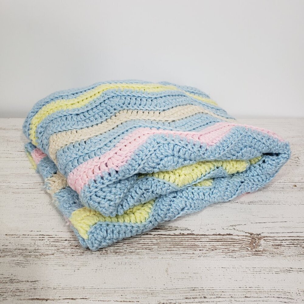 Handmade Pastel Chevron Pattern Crocheted Baby Blanket Blue Pink Yellow 43" X 52